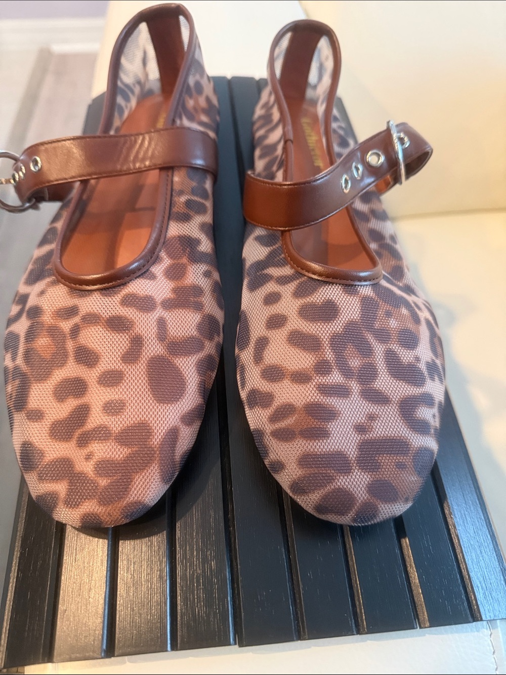 Leopard Print Mary Jane Slingback Flats in Brown